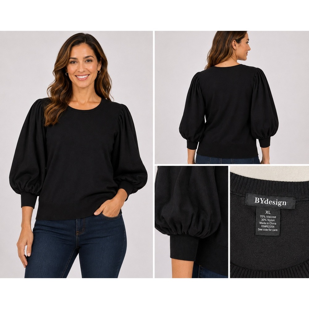 BYdesign Womens XL Black Puff Sleeve Knit Top Crew Neck Viscose Blend Sweater